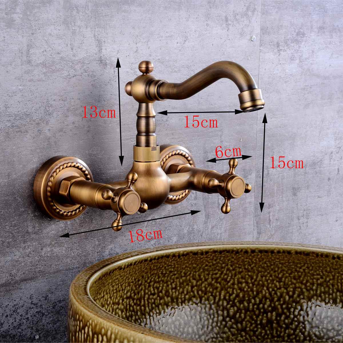 Antique Brass 360 Rotation Double Handle Kitchen Sink Faucet Wall Mounted Crane Bathroom Basin Cold And Hot Mixer Tap - WELQUEEN