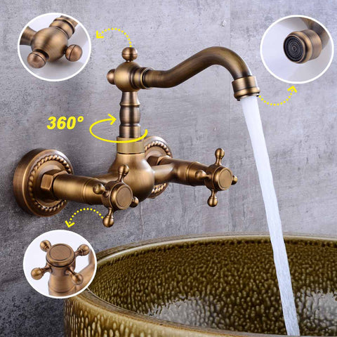 Antique Brass 360 Rotation Double Handle Kitchen Sink Faucet Wall Mounted Crane Bathroom Basin Cold And Hot Mixer Tap - WELQUEEN