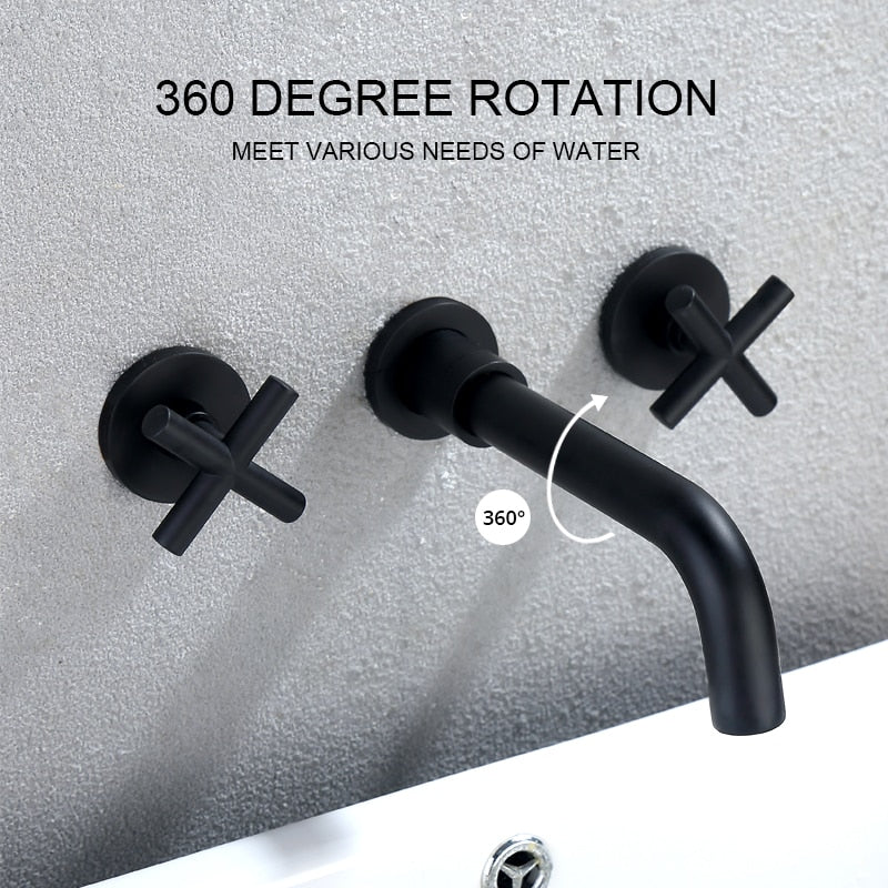 Wall-Mounted Bathroom Taps Top Fashion 3 Hole Sink Basin Mixer Tap Set Bathroom Spout Faucet With Double Lever - WELQUEEN