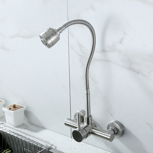 Stainless Steel Wall Mounted Kitchen Faucet Wall Kitchen Mixers Kitchen Sink Tap 360 Degree Swivel Flexible Hose Double Holes - WELQUEEN