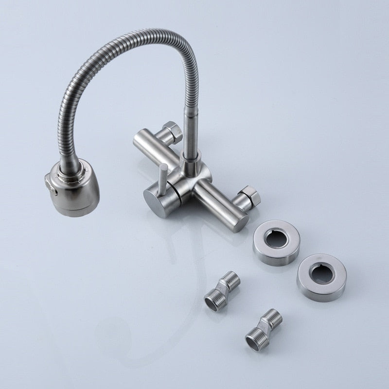 Stainless Steel Wall Mounted Kitchen Faucet Wall Kitchen Mixers Kitchen Sink Tap 360 Degree Swivel Flexible Hose Double Holes - WELQUEEN