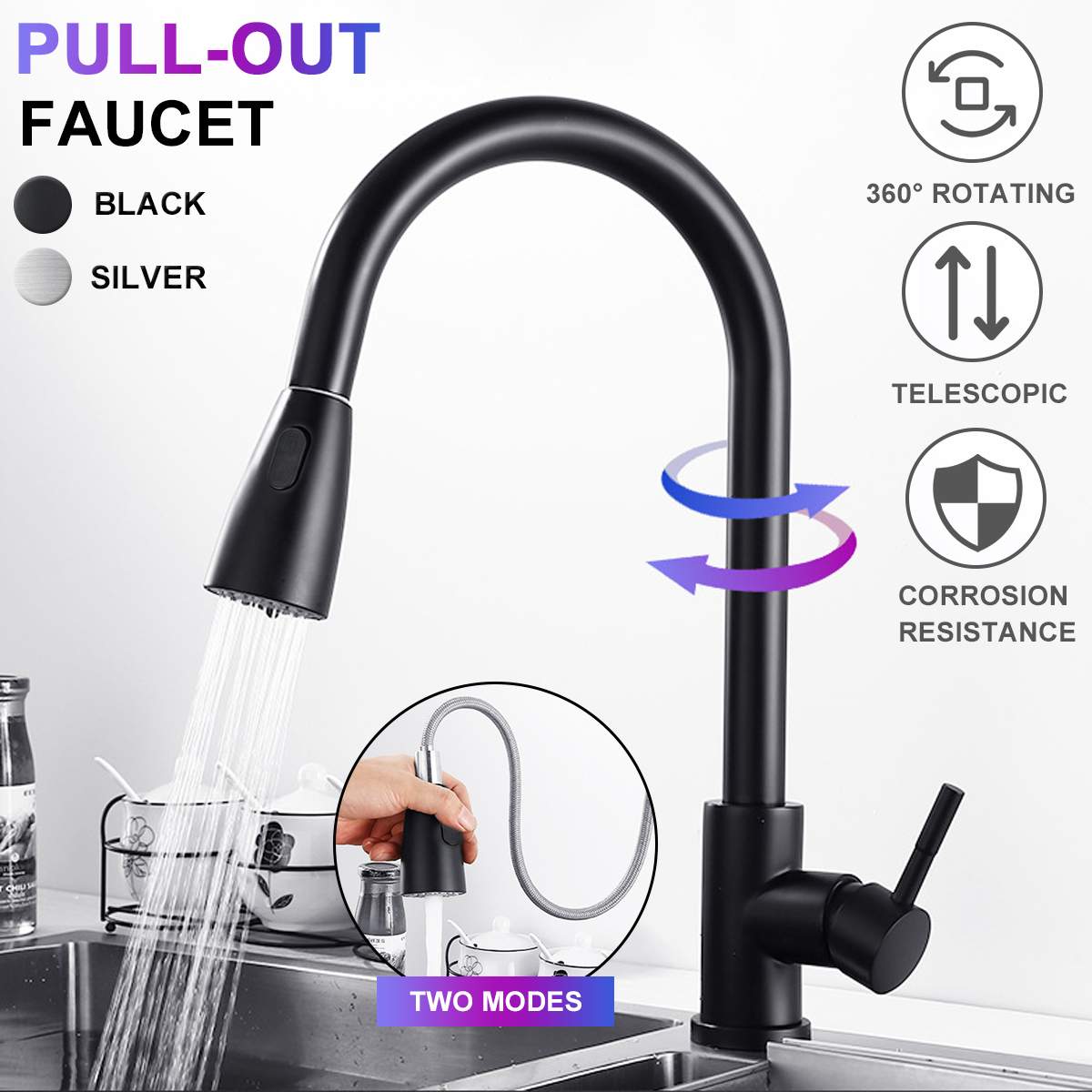 Pull Out Kitchen Faucets with Sprayer | 360° Rotating Stainless Steel Hot Cold Kitchen Sink Faucet - WELQUEEN