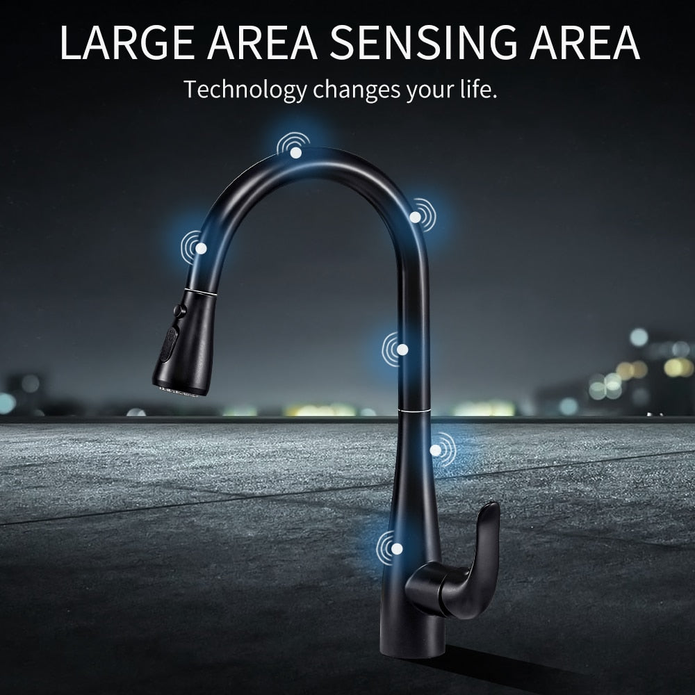 Pull Out Black Sensor Kitchen Faucets Stainless Steel Smart Induction Mixed Tap Touchless Control Sink Tap - WELQUEEN
