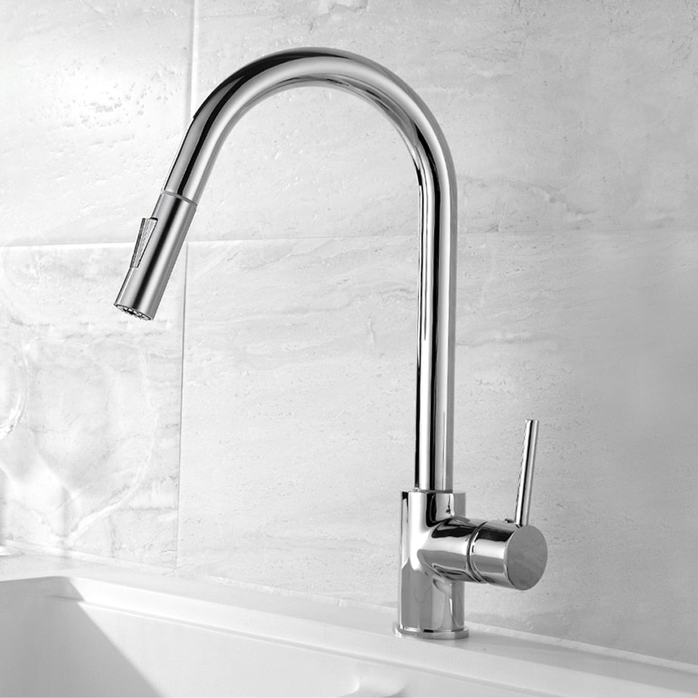 Kitchen Faucets Brass Pull-Out Faucet Cold&Hot Water Single Handle Single Hole Kitchen Mixer Tap Two Water Outlet Modes - WELQUEEN