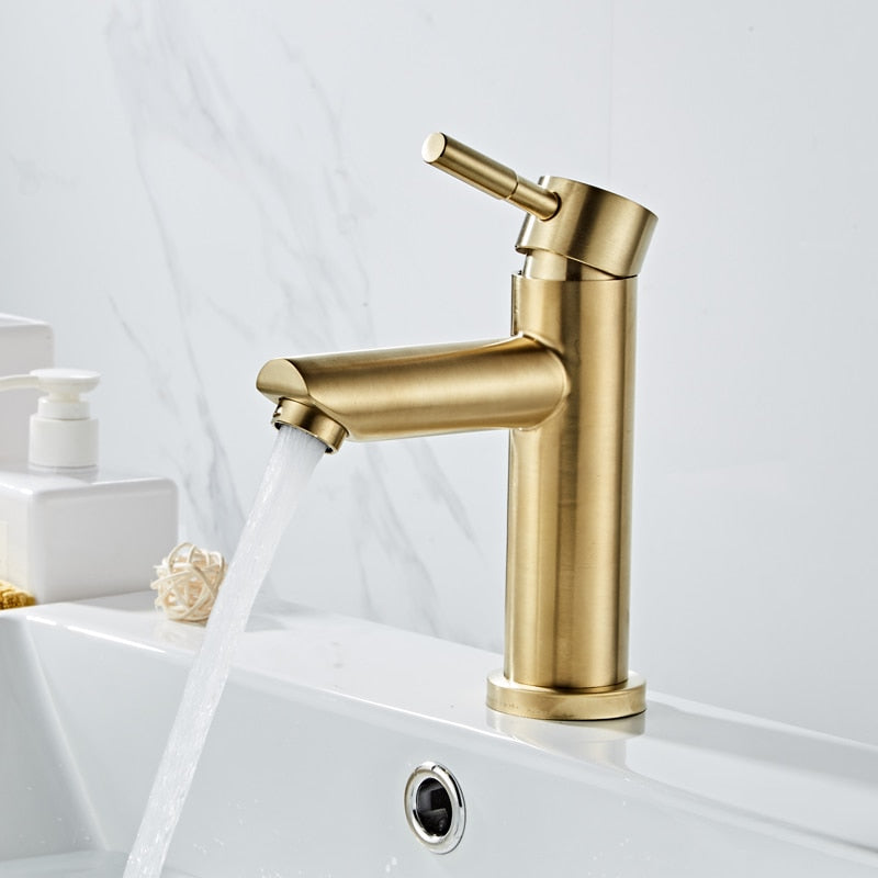 Bathroom Faucet Solid Brass Bathroom Basin Faucet Cold And Hot Water Mixer Sink Tap Single Handle Deck Mounted Brushed Gold Tap - WELQUEEN