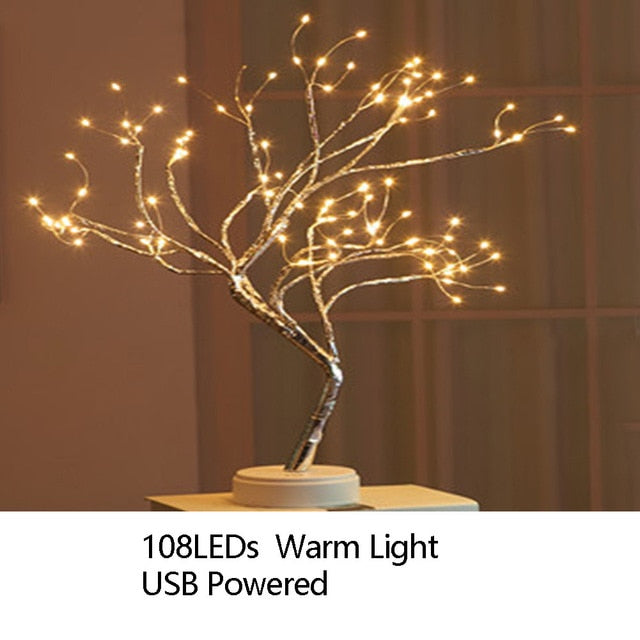 Night Light Home Decoration Bonsai Style Party Cherry Tree Shape LED Light DIY Firework Christmas Gift Plants Switch Copper - WELQUEEN