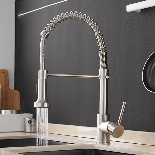 Kitchen Faucets Brush Brass Faucets for Kitchen Sink Single Lever Pull Out Spring Spout Mixers Tap Hot Cold Water Taps - WELQUEEN