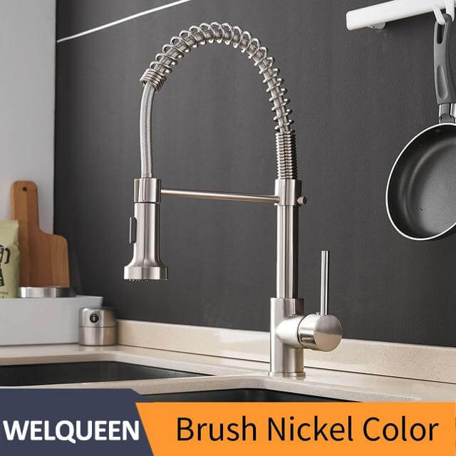 Kitchen Faucets Brush Brass Faucets for Kitchen Sink Single Lever Pull Out Spring Spout Mixers Tap Hot Cold Water Taps - WELQUEEN