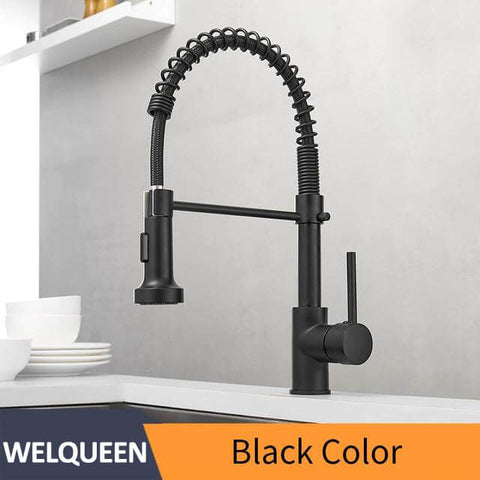 Kitchen Faucets Brush Brass Faucets for Kitchen Sink Single Lever Pull Out Spring Spout Mixers Tap Hot Cold Water Taps - WELQUEEN