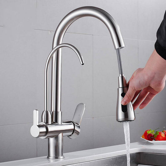 Pull Out Kitchen Faucets With Water Filter Tap Three Ways Brass Sink Mixer Kitchen Faucet Dual Handles - WELQUEEN