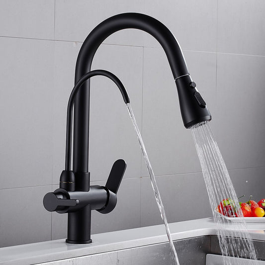 Pull Out Kitchen Faucets With Water Filter Tap Three Ways Brass Sink Mixer Kitchen Faucet Dual Handles - WELQUEEN