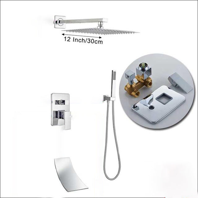 Wall Mount Rainfall Shower Faucet Set Chrome Bathroom Concealed Waterfall Shower System with Swivel tub Spout Mixer Tap - WELQUEEN HOME DECOR
