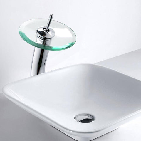 Brass Circle Waterfall Glass Bathroom Basin Mixer Tap Waterfall Faucet Sink Vessel Chrome Polished Finish - WELQUEEN