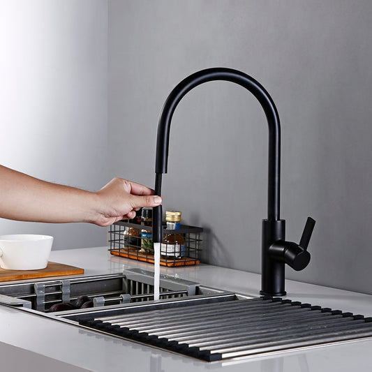 New Arrival Kitchen Faucet Swivel With Invisible Pull Out Nozzle Sprayer Gooseneck Pull Down Mixer Sink Tap in Matt Black - WELQUEEN