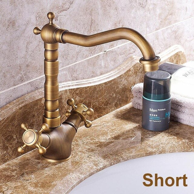 Antique Faucet Bronze Copper Double Handle Swivel Spout Bathroom Faucets Retro Style Brass Tall Basin Mixer Tap High Sink Crane - WELQUEEN