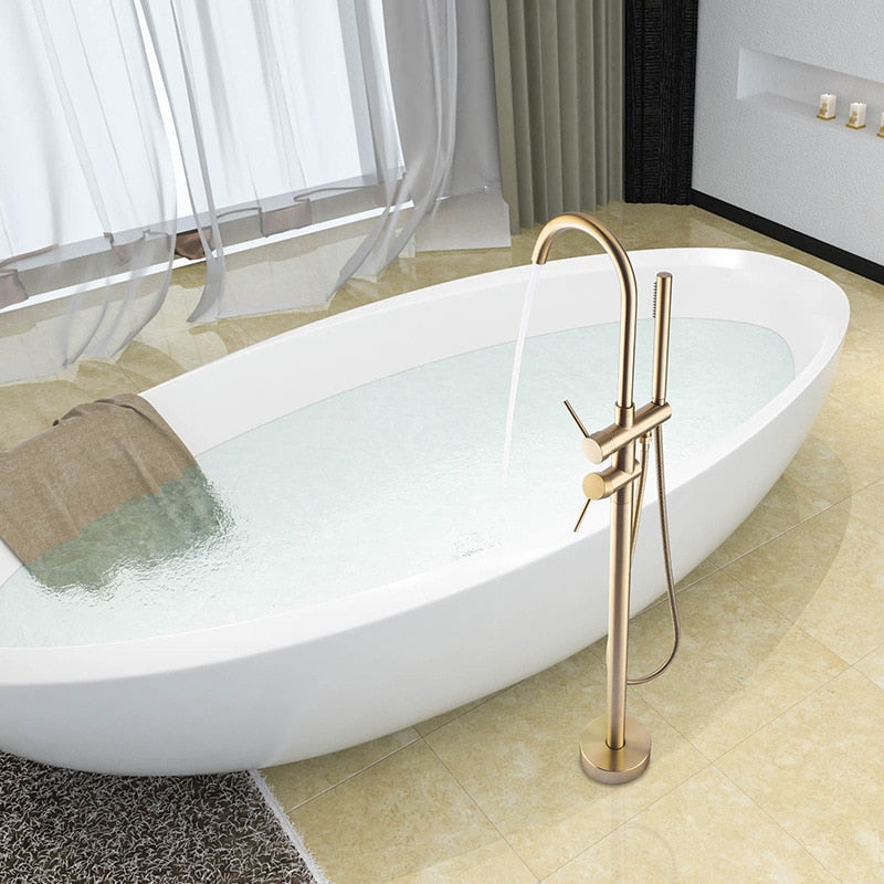 Brushed Gold Floor Stand Bathtub Faucet Black | Bathroom Freestanding Bathtub Faucet - WELQUEEN