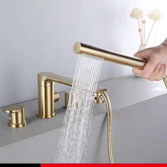 Brush Gold Deck Mount Roman Tub and Shower Trim Kit with Single-Spray Shower Head 3&4 Hole Bathroom Waterfall Bathtub Faucet - WELQUEEN