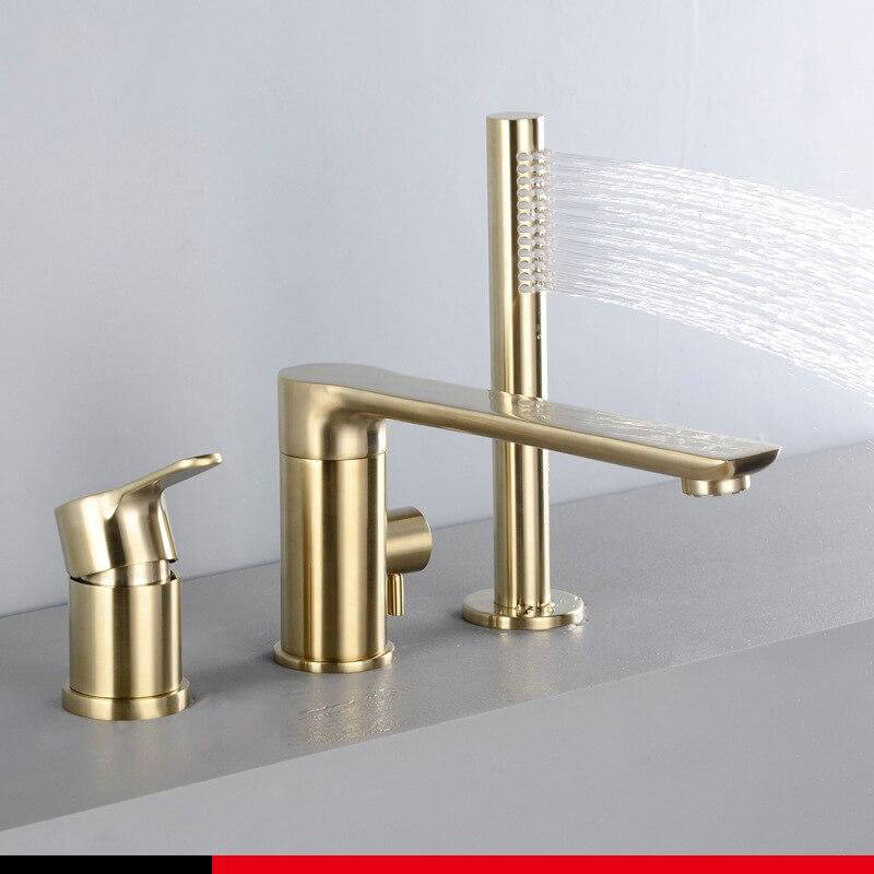Brush Gold Deck Mount Roman Tub and Shower Trim Kit with Single-Spray Shower Head 3&4 Hole Bathroom Waterfall Bathtub Faucet - WELQUEEN