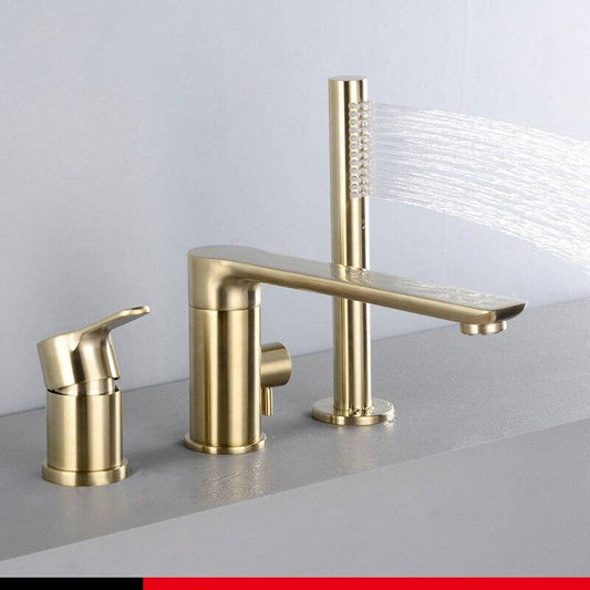 Brush Gold Deck Mount Roman Tub and Shower Trim Kit with Single-Spray Shower Head 3&4 Hole Bathroom Waterfall Bathtub Faucet - WELQUEEN