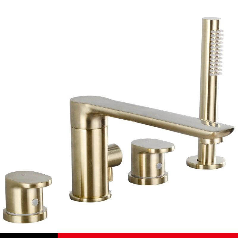 Brush Gold Deck Mount Roman Tub and Shower Trim Kit with Single-Spray Shower Head 3&4 Hole Bathroom Waterfall Bathtub Faucet - WELQUEEN