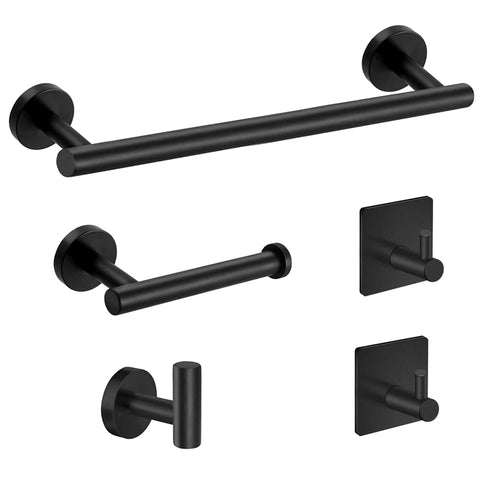 5-Pieces Matte Black Bathroom Hardware Set | Stainless Steel Round Wall Mounted Bathroom Accessories - WELQUEEN