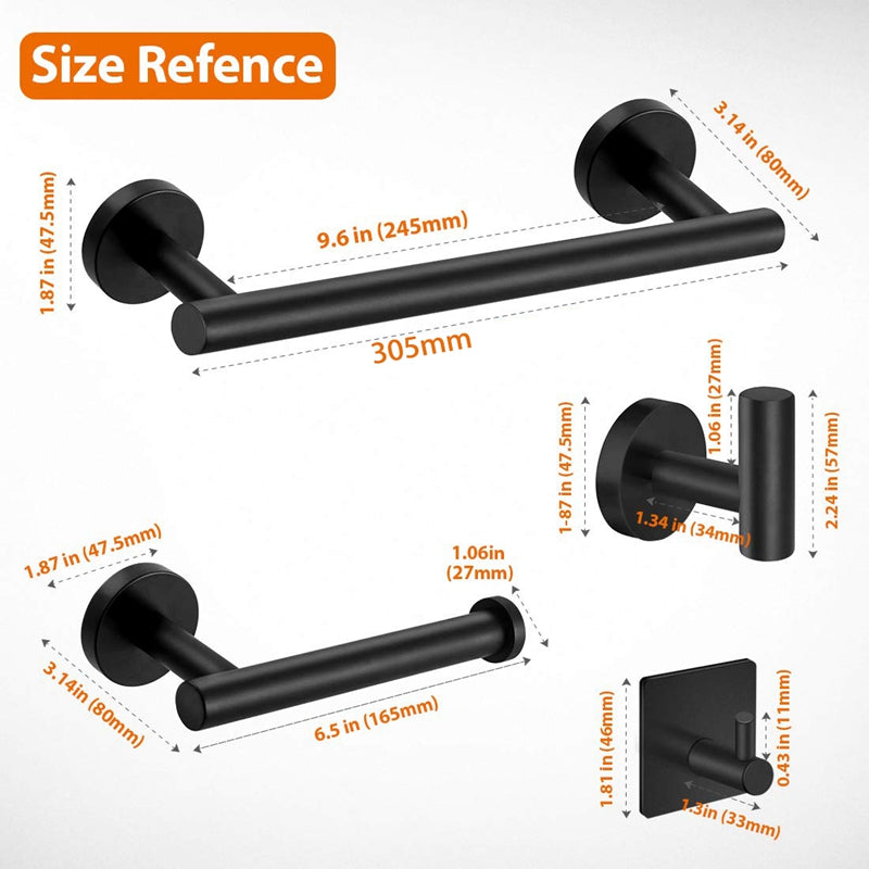 5-Pieces Matte Black Bathroom Hardware Set | Stainless Steel Round Wall Mounted Bathroom Accessories - WELQUEEN