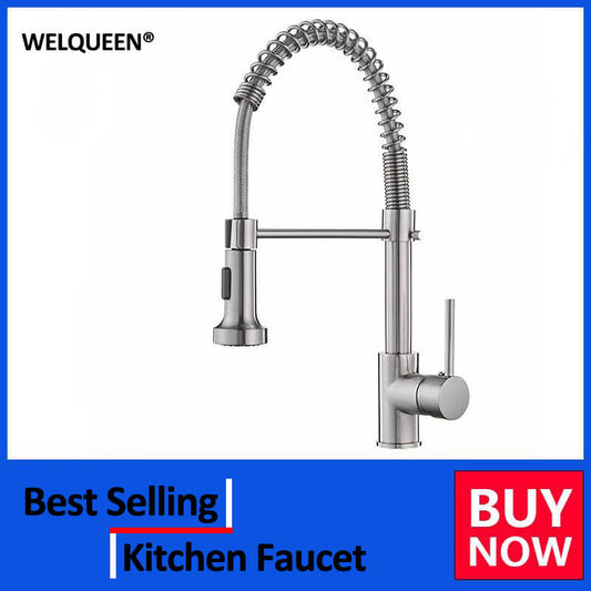 Kitchen Faucets Brush Brass Faucets for Kitchen Sink Single Lever Pull Out Spring Spout Mixers Tap Hot Cold Water Taps - WELQUEEN