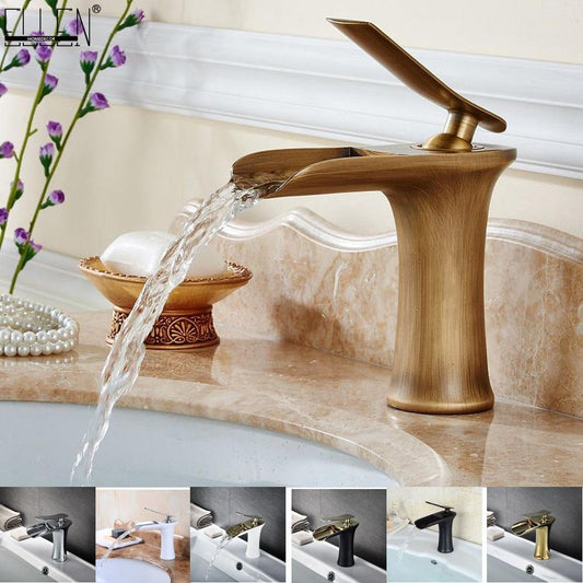Waterfall Bathroom Basin Sink Faucets Hot Cold Tap Deck Mounted Water Mixer Crane Antique Bronze Chrome Finished - WELQUEEN