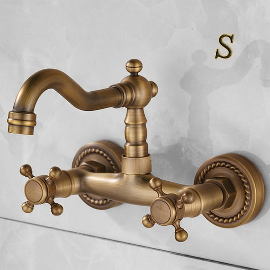 Basin Faucets Antique Brass Wall Mounted Kitchen Bathroom Sink Faucet Dual Handle Swivel Spout Hot Cold Water Tap with tow pipe - WELQUEEN