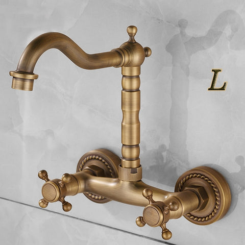 Basin Faucets Antique Brass Wall Mounted Kitchen Bathroom Sink Faucet Dual Handle Swivel Spout Hot Cold Water Tap with tow pipe - WELQUEEN