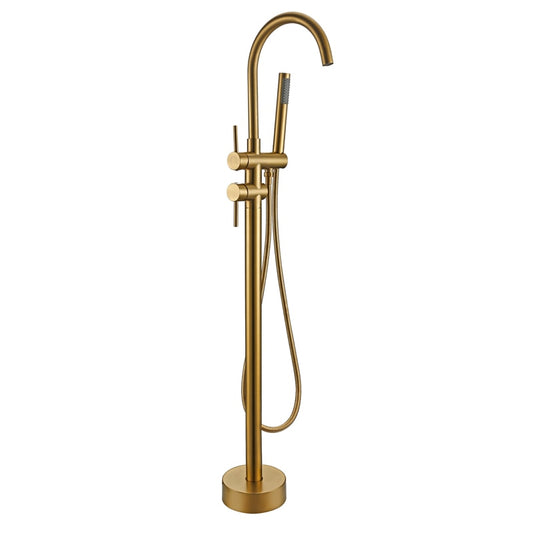 Round Brushed Old Gold Bathtub Mixer Taps High Rise Round Freestanding Spout Shower Faucet Bath Mixer Tap Floor Mounted - WELQUEEN HOME DECOR