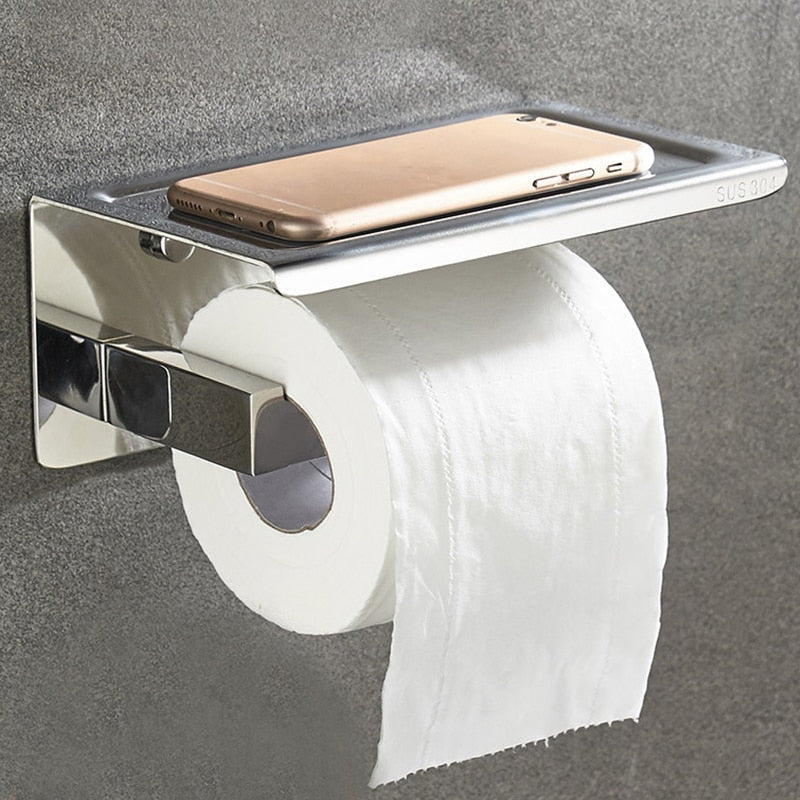 Paper Towel Holder Under Cabinet Wall Mount Toilet Paper Holder With Phone Shelf - Double Roll Stainless Steel Bathroom Organizer In Black Wall Mounted Tp Holder
