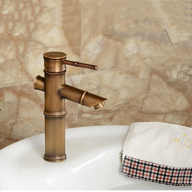 Basin Antique Brass Bamboo Tall Faucet – Single Handle Hot/Cold Mixer, Bronze Finish, 1-Hole Deck Mount – Gold Tall Style (Hose Not Included)