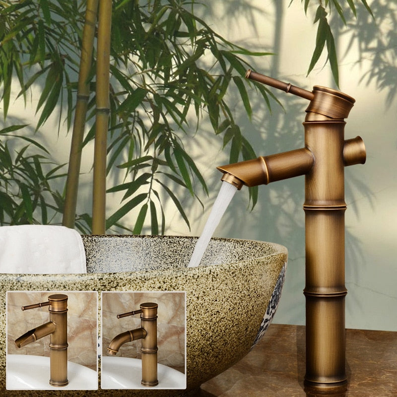 Bathroom Basin Faucet Antique Brass Bamboo Shape Faucet Bronze Finish Sink Faucet Single Handle Hot and Cold Water Mixer Tap - WELQUEEN