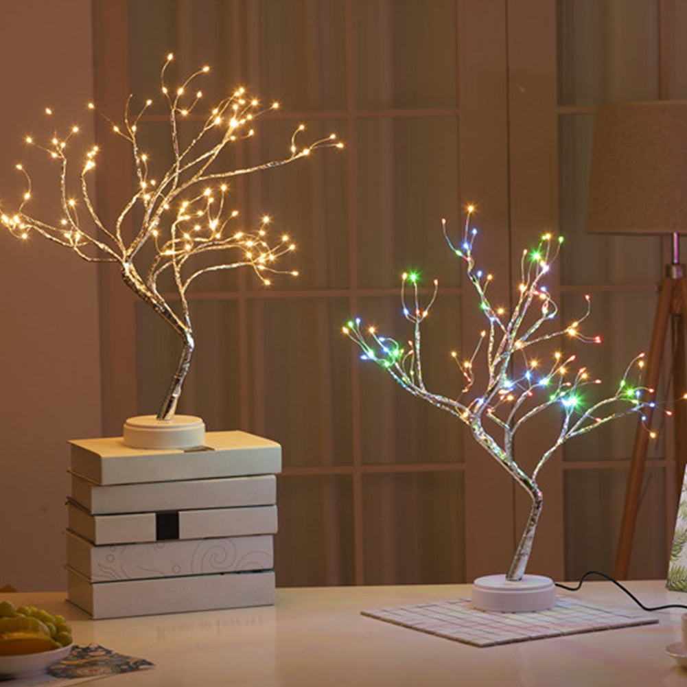 Night Light Home Decoration Bonsai Style Party Cherry Tree Shape LED Light DIY Firework Christmas Gift Plants Switch Copper - WELQUEEN