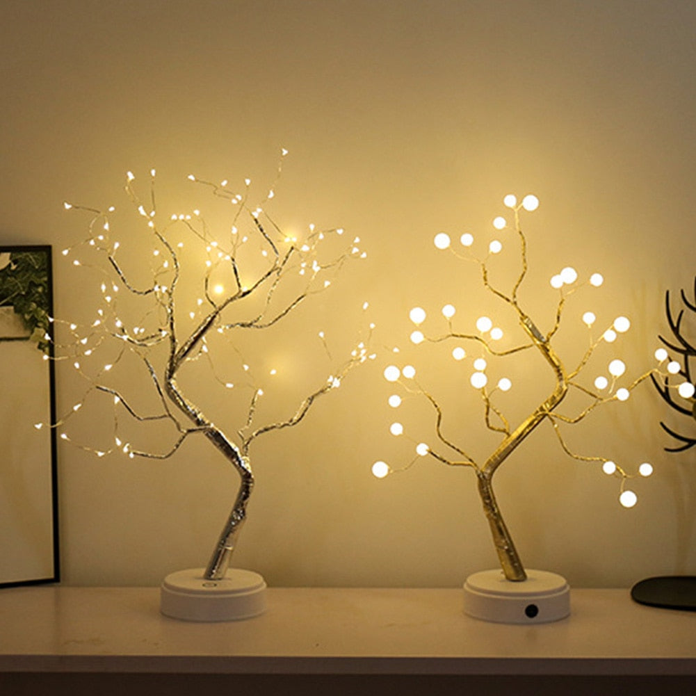 Night Light Home Decoration Bonsai Style Party Cherry Tree Shape LED Light DIY Firework Christmas Gift Plants Switch Copper - WELQUEEN