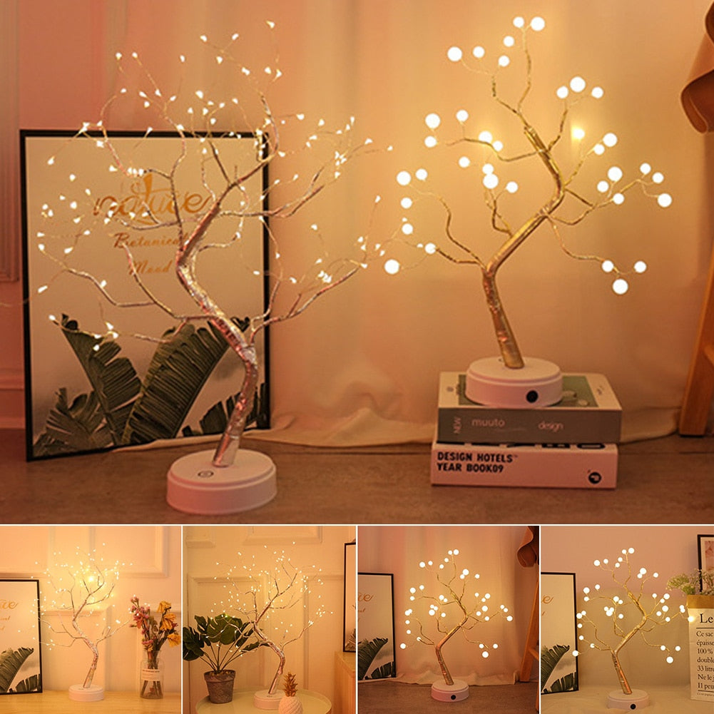 Night Light Home Decoration Bonsai Style Party Cherry Tree Shape LED Light DIY Firework Christmas Gift Plants Switch Copper - WELQUEEN
