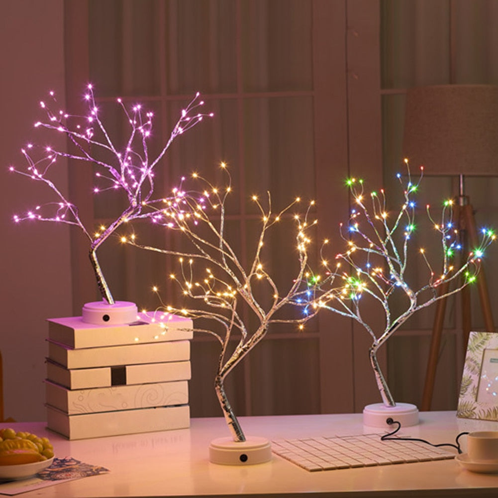 Night Light Home Decoration Bonsai Style Party Cherry Tree Shape LED Light DIY Firework Christmas Gift Plants Switch Copper - WELQUEEN