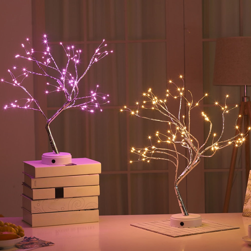 Night Light Home Decoration Bonsai Style Party Cherry Tree Shape LED Light DIY Firework Christmas Gift Plants Switch Copper - WELQUEEN