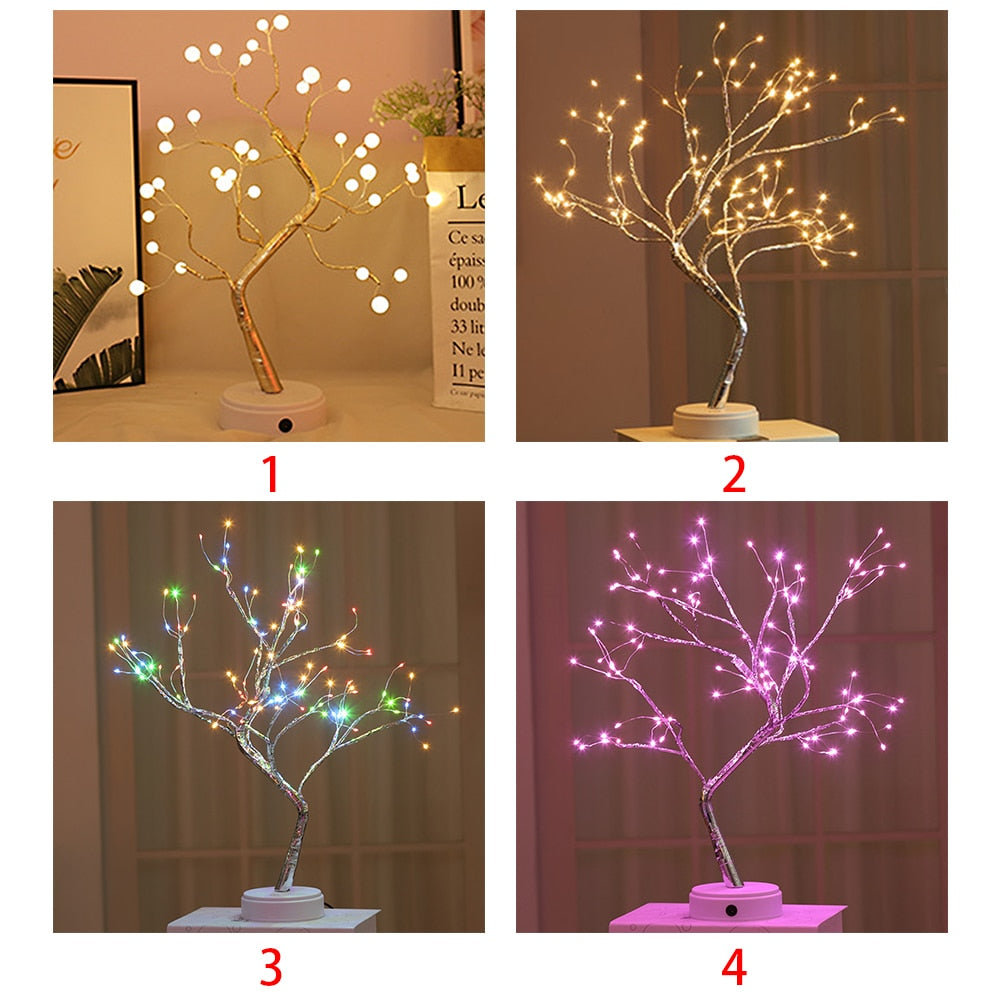 Night Light Home Decoration Bonsai Style Party Cherry Tree Shape LED Light DIY Firework Christmas Gift Plants Switch Copper - WELQUEEN