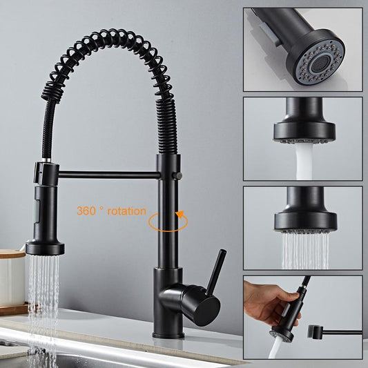 Deck Mounted Flexible Kitchen Faucets Pull Out Mixer Tap Black Hot Cold Kitchen Faucet Spring Style with Spray Mixers Taps - WELQUEEN HOME DECOR