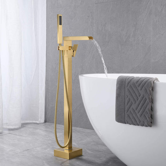 Brushed gold/Black Freestanding Bathtub Faucet Floor Mount Tub Filler Single Handle Brass Tap with Hand Shower and Swivel Spout - WELQUEEN HOME DECOR