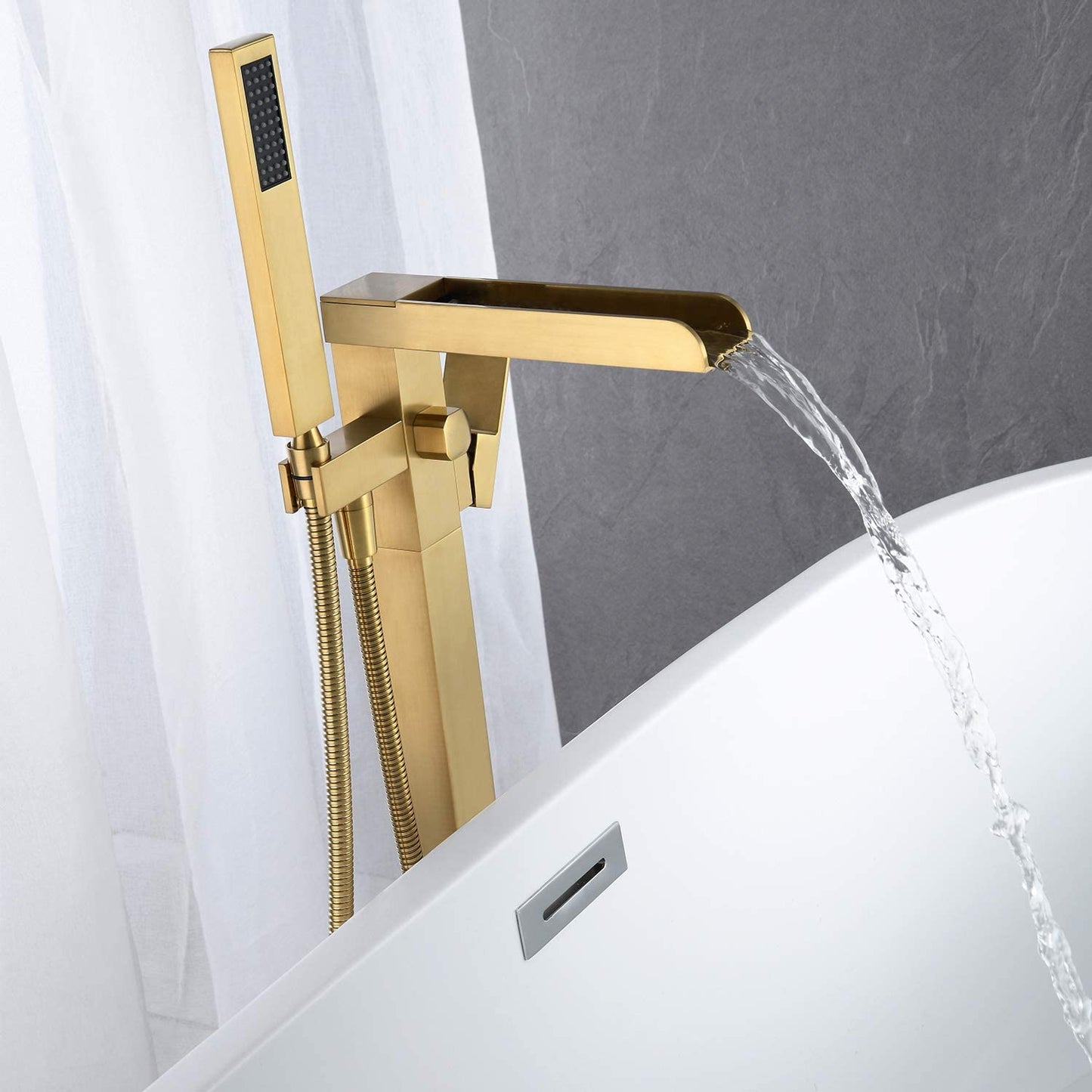 Brushed gold/Black Freestanding Bathtub Faucet Floor Mount Tub Filler Single Handle Brass Tap with Hand Shower and Swivel Spout - WELQUEEN HOME DECOR