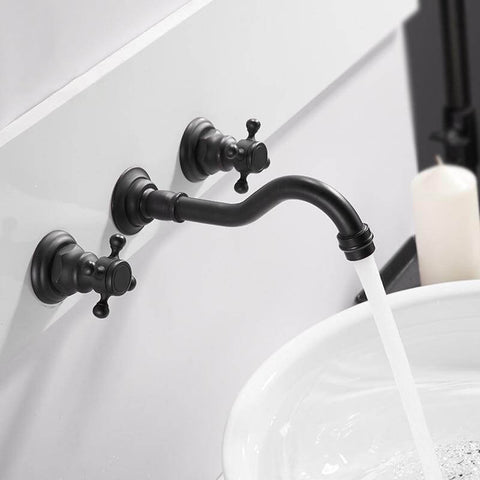 Basin Faucets Wall Mounted Brass Bathroom Sink Basin Mixer Tap Faucet 3 Pcs Black Faucet Dual Handle Sink Mixer Taps - WELQUEEN