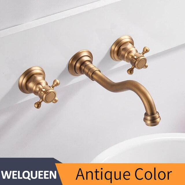 Basin Faucets Wall Mounted Brass Bathroom Sink Basin Mixer Tap Faucet 3 Pcs Black Faucet Dual Handle Sink Mixer Taps - WELQUEEN