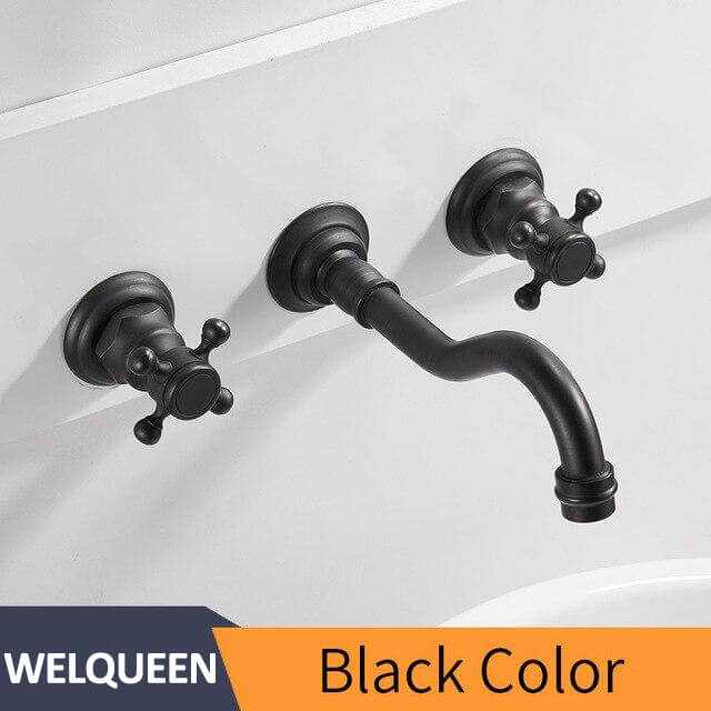 Basin Faucets Wall Mounted Brass Bathroom Sink Basin Mixer Tap Faucet 3 Pcs Black Faucet Dual Handle Sink Mixer Taps - WELQUEEN