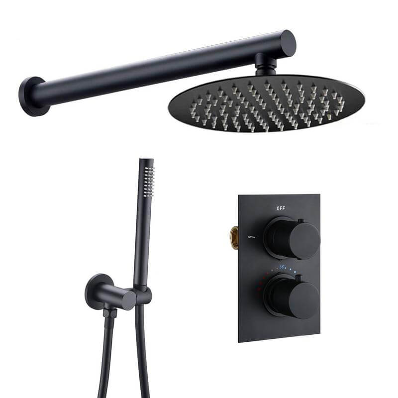 Bathroom Shower Set Matte Black Rain Shower Faucet Wall or Ceiling Mounted Thermostatic Valve System 8-12"Shower Head - WELQUEEN