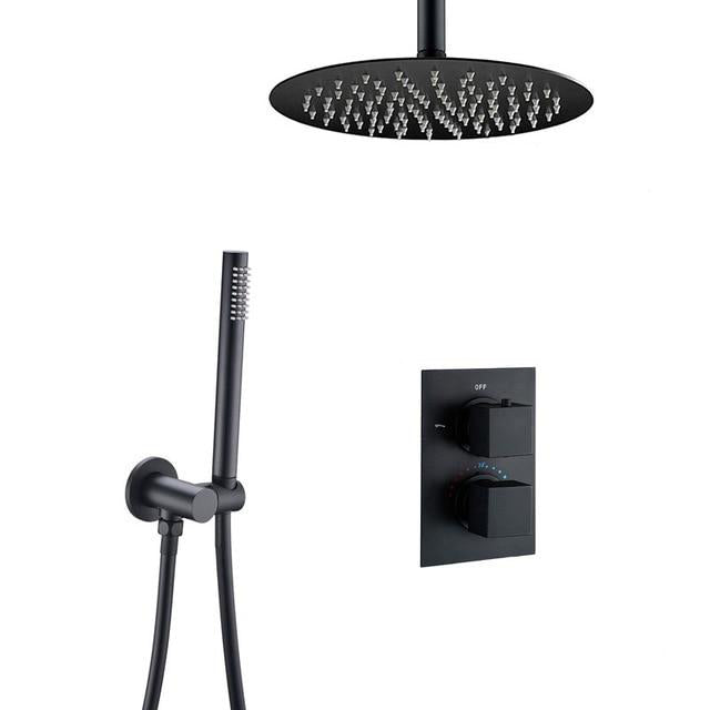 Bathroom Shower Set Matte Black Rain Shower Faucet Wall or Ceiling Mounted Thermostatic Valve System 8-12"Shower Head - WELQUEEN