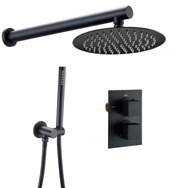 Bathroom Shower Set Matte Black Rain Shower Faucet Wall or Ceiling Mounted Thermostatic Valve System 8-12"Shower Head - WELQUEEN