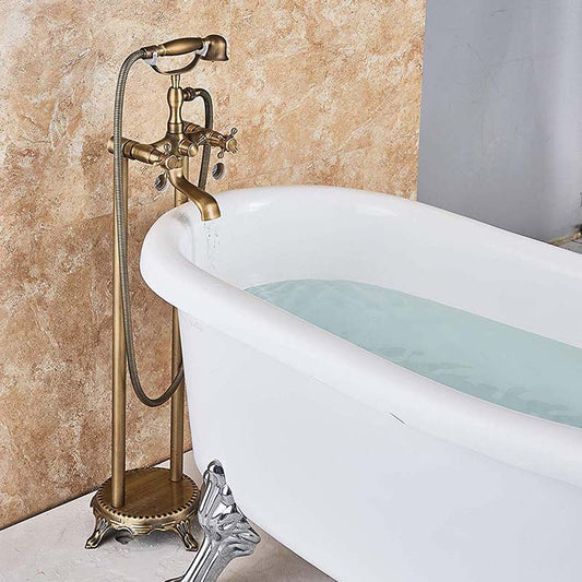 Antique Brass Floor Mounted Tub Sink Faucet Dual Handle Bathroom Bath Shower Set Freestanding Bathtub Mixer Tap with Handshower - WELQUEEN